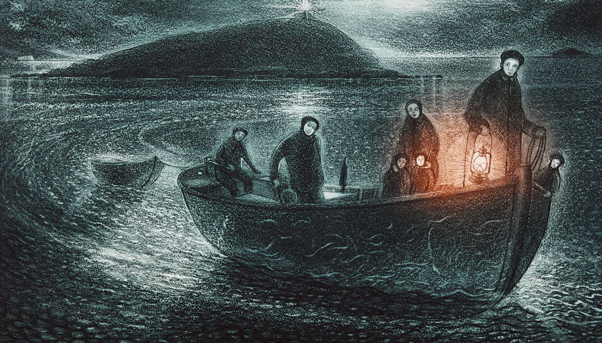 David Lloyd Blackwood, Crossing the Reach, colour etching and aquatint, 2009