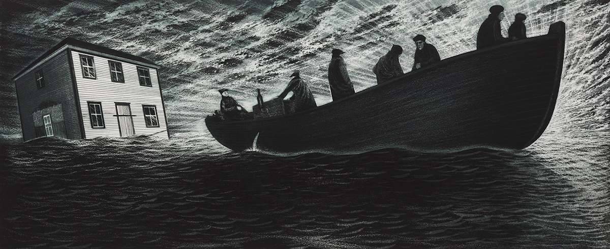 David Lloyd Blackwood, Uncle Eli Glover Moving, colour etching and aquatint, 1982