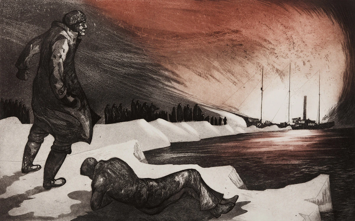 David Lloyd Blackwood, Burning of the S.S. Viking, colour etching and aquatint, 1971