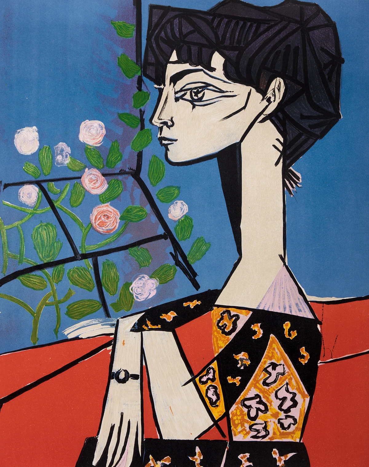 After Pablo Picasso, Jacqueline avec fleurs, colour lithograph, 1956