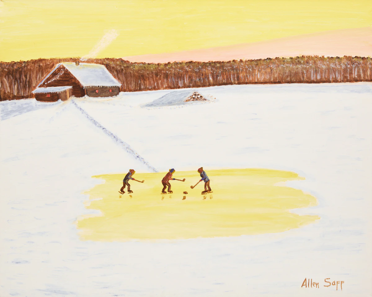 Allen Sapp, Playing Hockey at Sunset, oil on canvas
