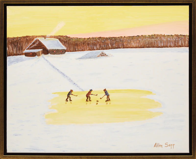 Allen Sapp, Playing Hockey at Sunset, oil on canvas - view 2
