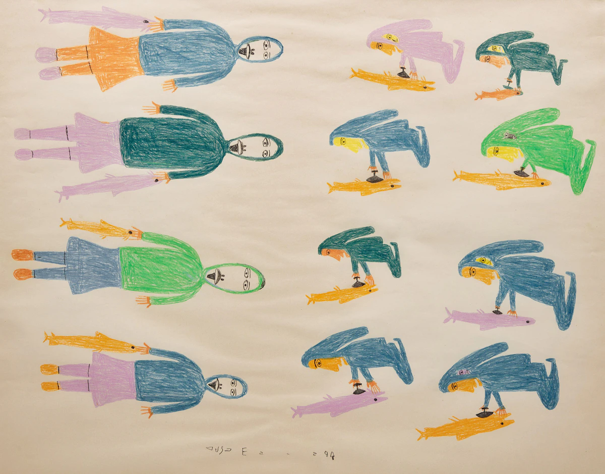 Luke Anguhadluq, Untitled (Women and Fishermen), coloured pencil