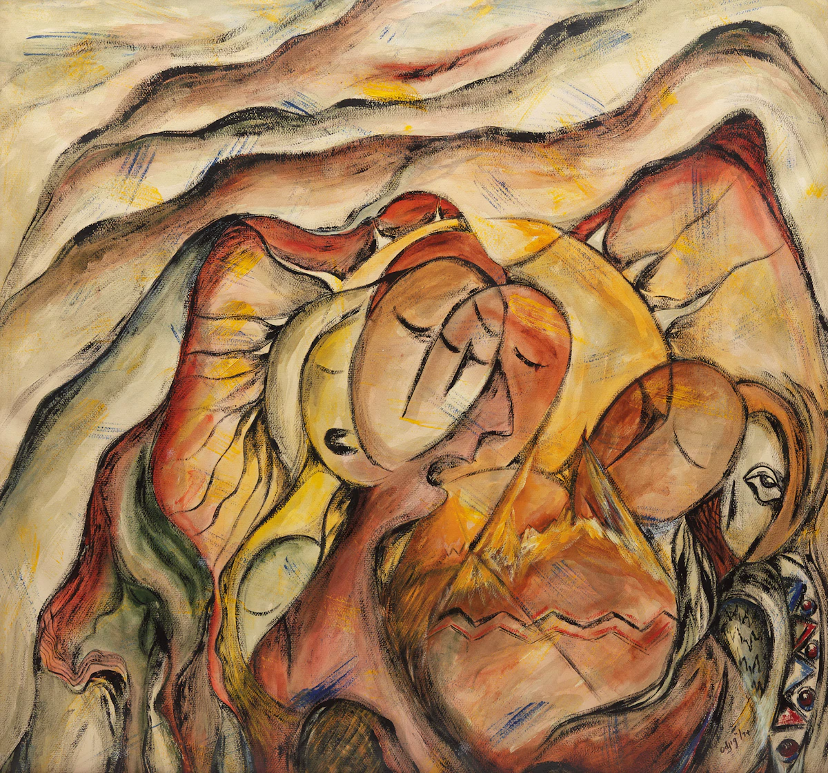 Daphne Odjig, Clouds of Memory, acrylic on paper, 1974