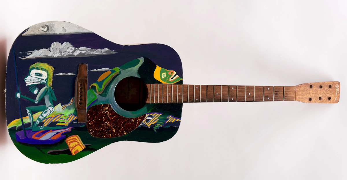 Lawrence Paul Yuxweluptun, Painted Guitar, hand-painted in oil on guitar, 1989