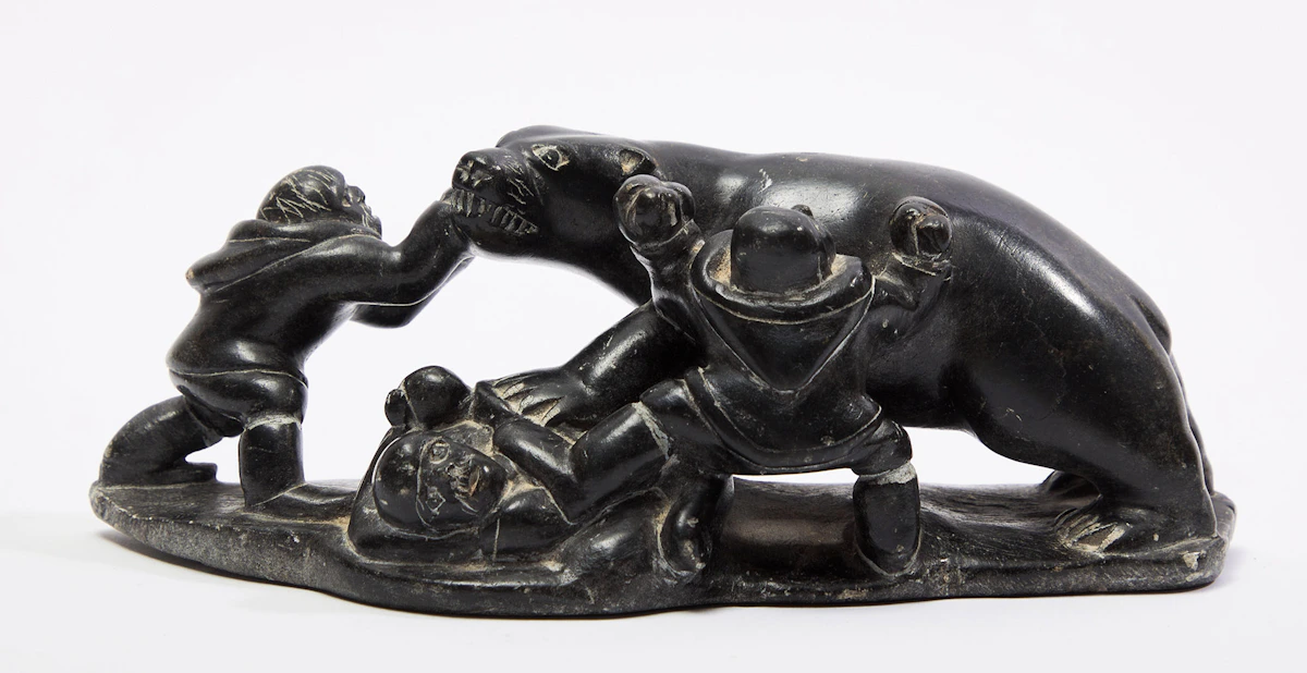 Dania Koma, Three Inuit Hunting a Polar Bear, stone, 1979