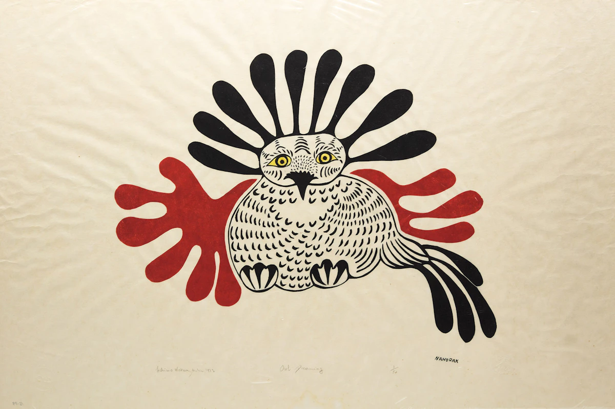 Agnes Nanogak, Owl Grooming, stonecut, 1973