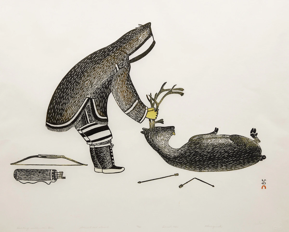 Kananginak Pootoogook, Hunting with the Bow, stonecut and stencil, 1980