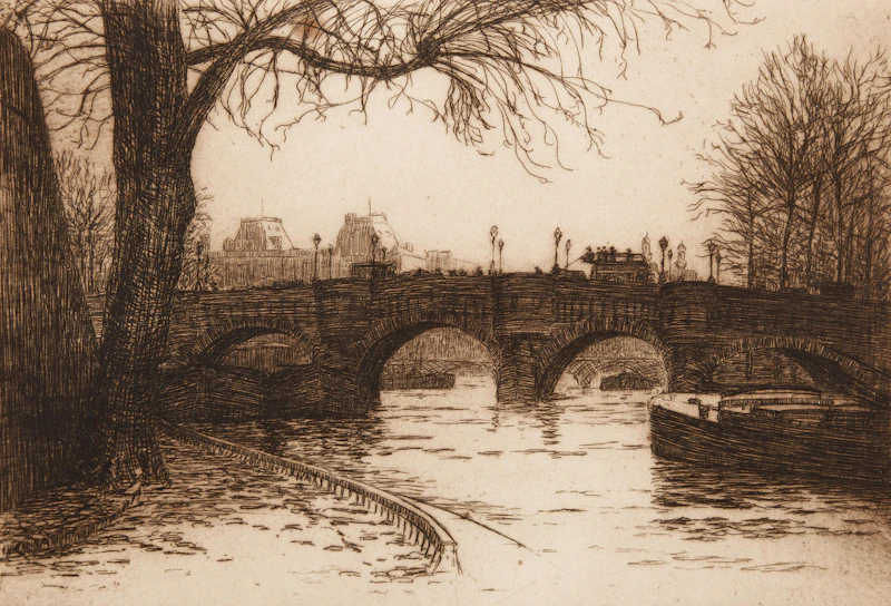 Caroline Helena Armington, Pont Neuf et le Louvre, Paris, etching