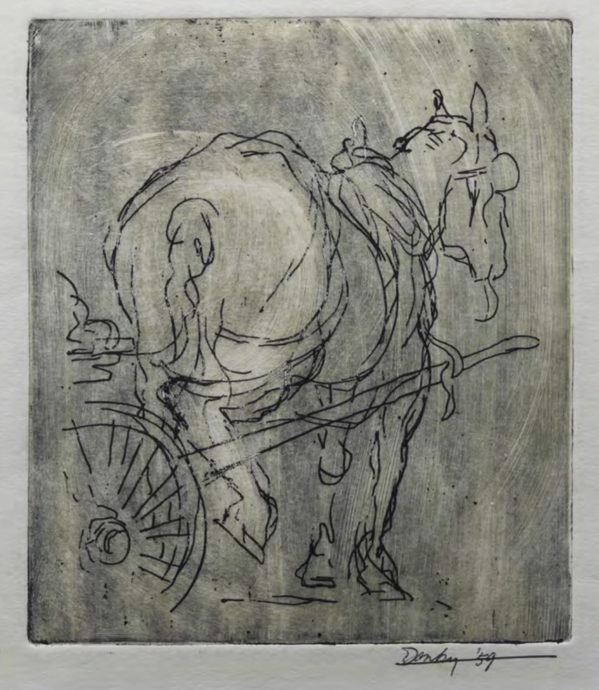 Kenneth Danby, Untitled (Horse and Carriage), copperplate etching, circa 1959