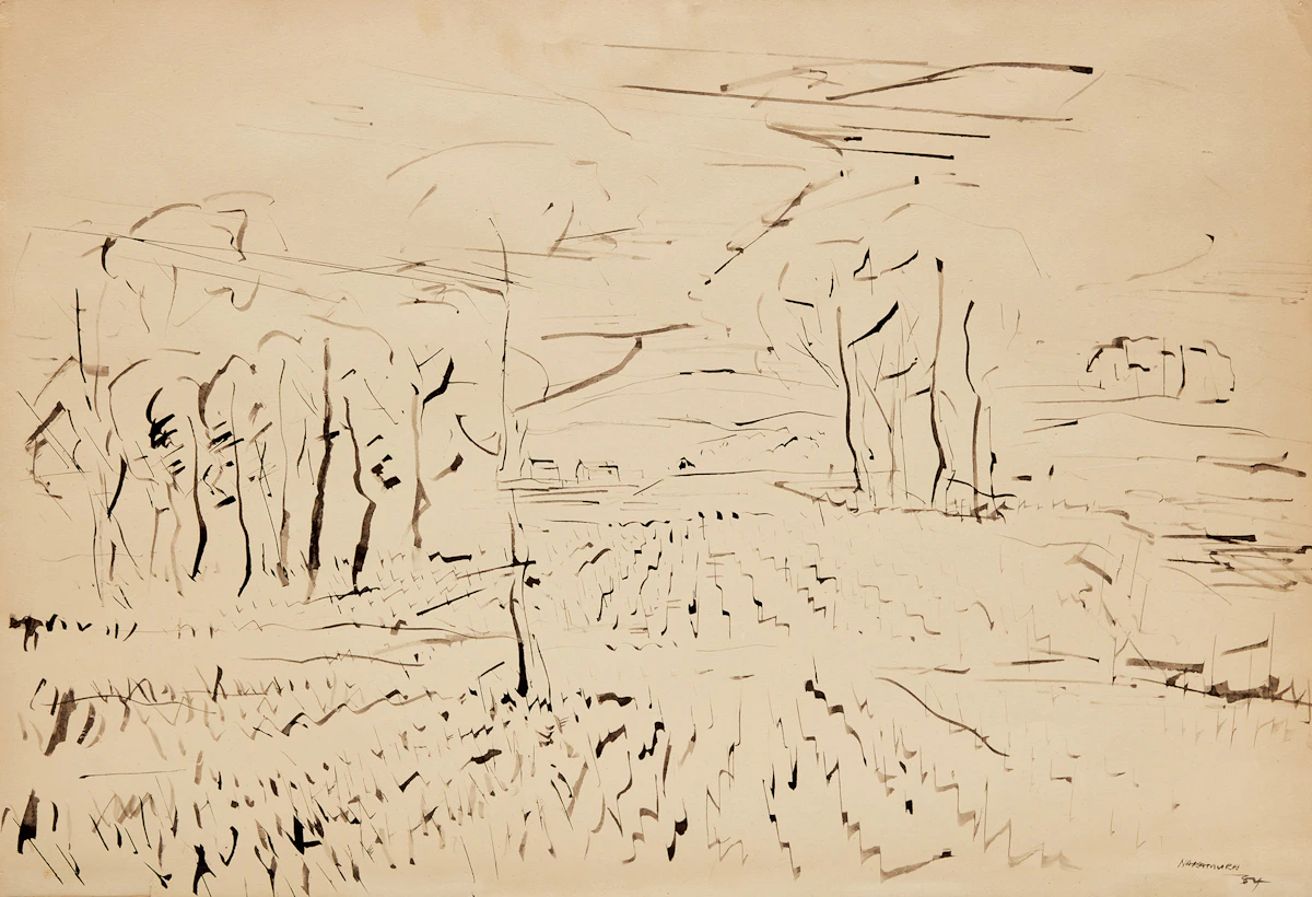 Kazuo Nakamura, Untitled Landscape, india ink drawing, 1984