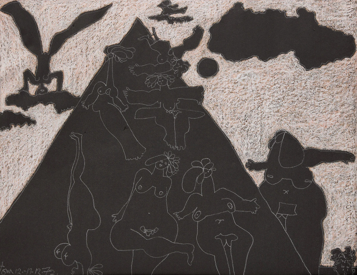 Harold Barling Town, Vale Variations #64, white conté and oil pastel on black Strathmore paper, 1972