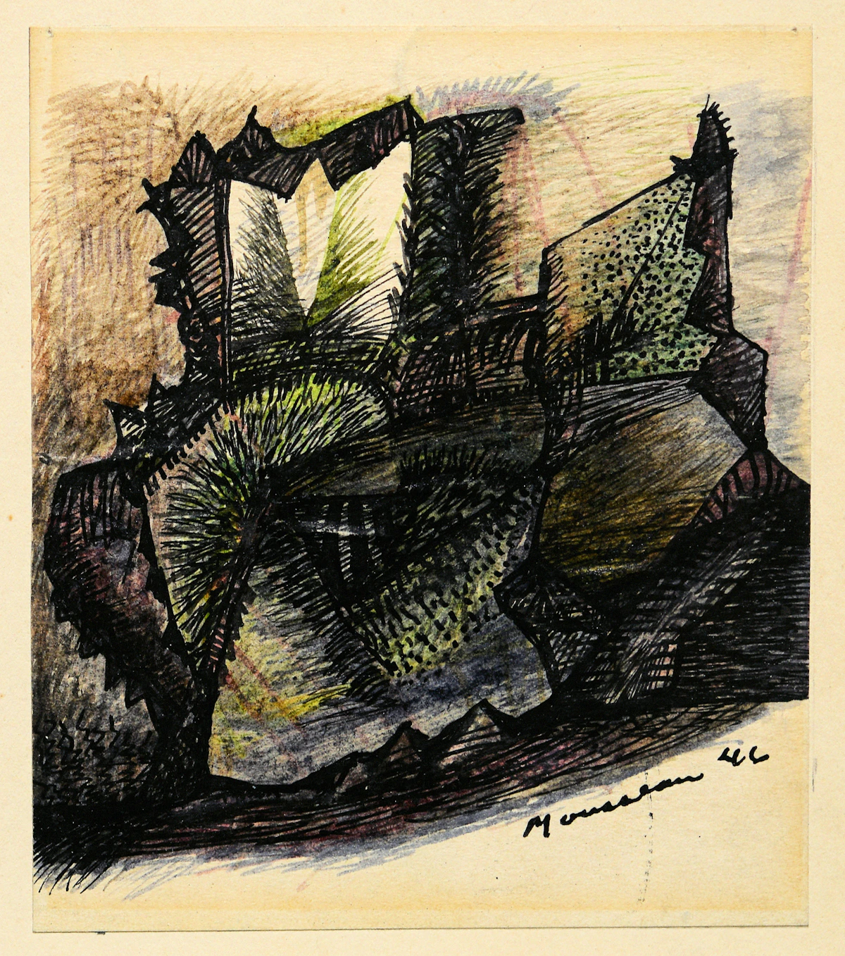 Jean-Paul Mousseau, Sans titre, coloured ink on paper mounted to card, 1946
