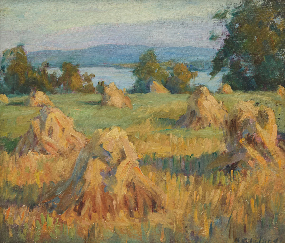 Mary Alberta Cleland, Field with Hay, oil on board