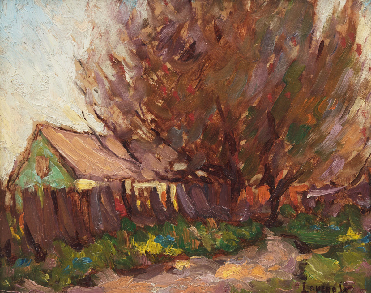 Frederick Nicholas Loveroff, Cabin and Tree, oil on board