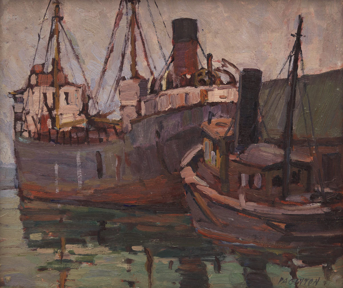 George Paginton, Freighters, Toronto Harbour, 1931, oil on board