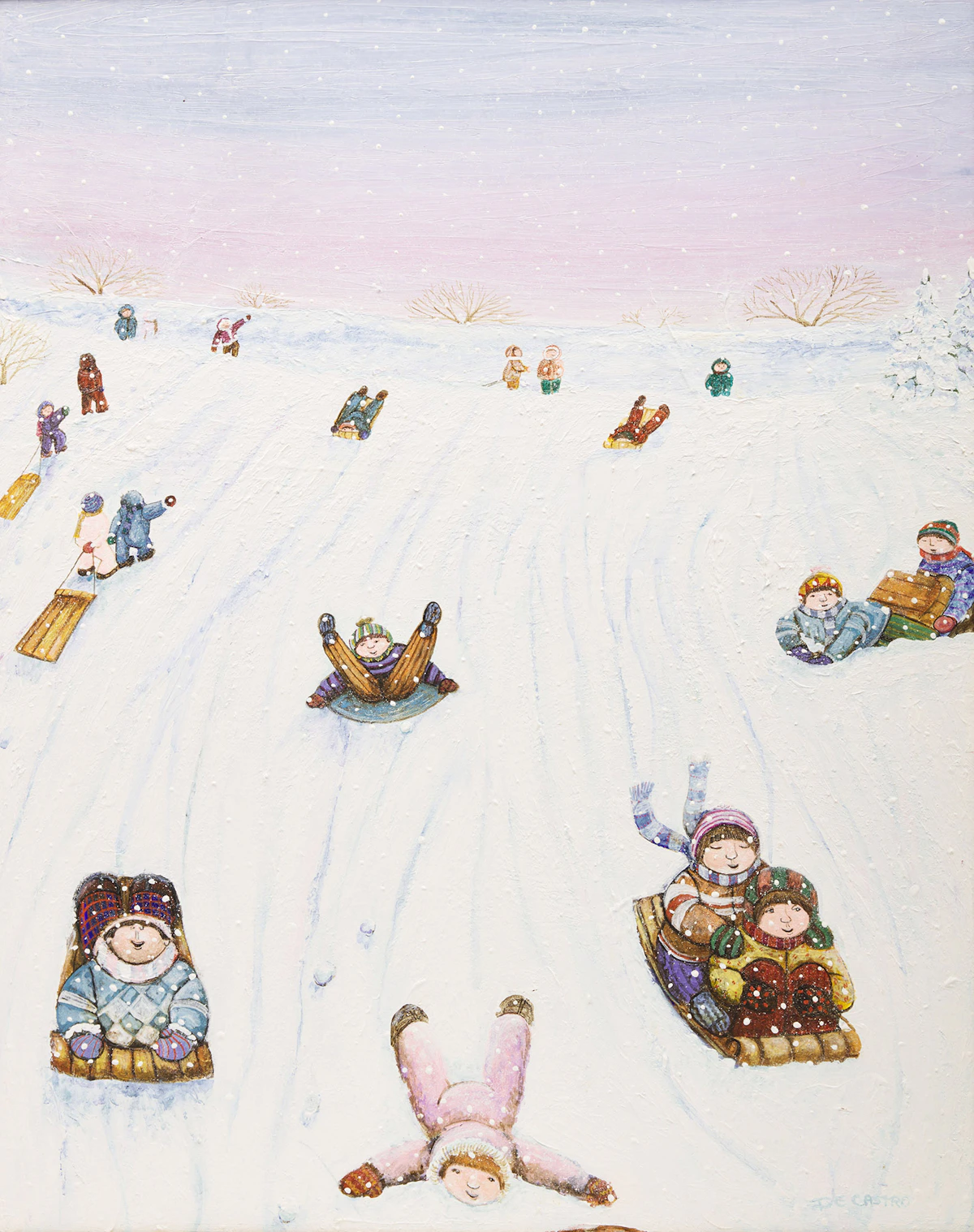 Alberto de Castro, Untitled (Children Sledding), oil on board, 1987