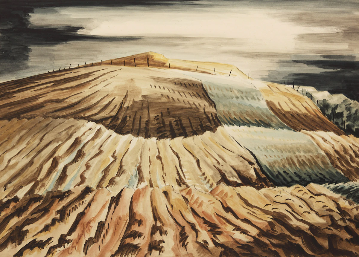 Carl Fellman Schaefer, Untitled Landscape (Farm Fields), watercolour, 1952