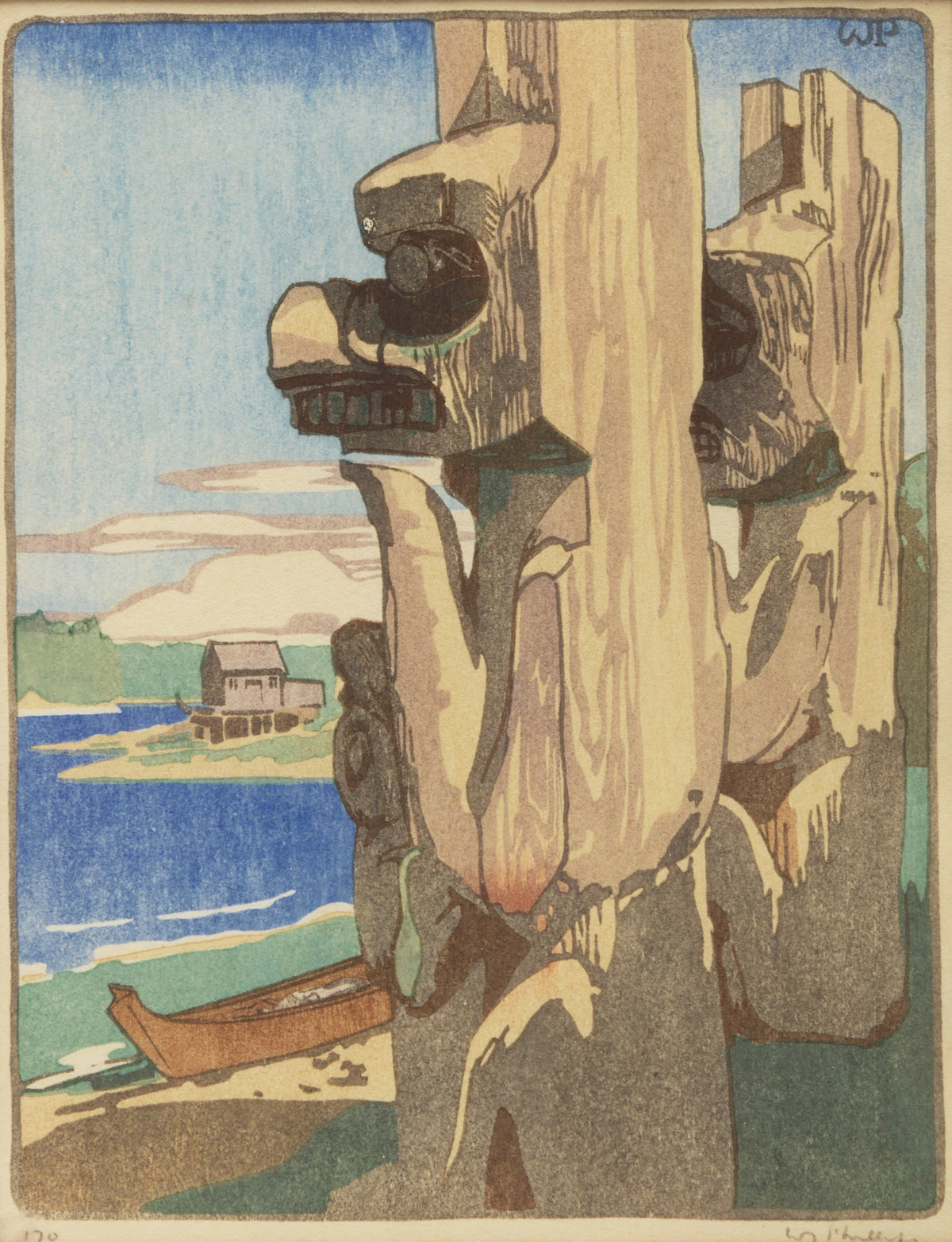 Walter Joseph Phillips, Siwash House Posts, Tsatsisnukomi, B.C., colour woodcut, 1928