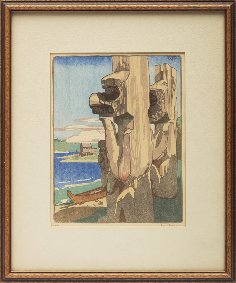 Walter Joseph Phillips, Siwash House Posts, Tsatsisnukomi, B.C., colour woodcut, 1928 - view 2