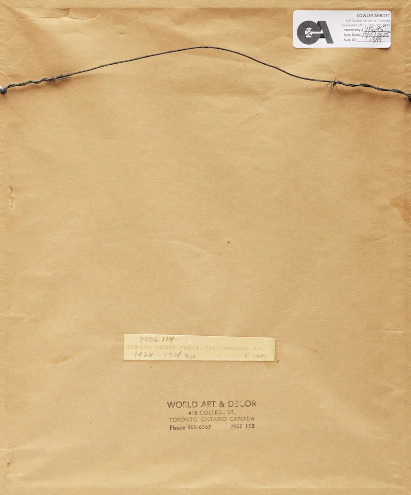 Walter Joseph Phillips, Siwash House Posts, Tsatsisnukomi, B.C., colour woodcut, 1928 - view 3