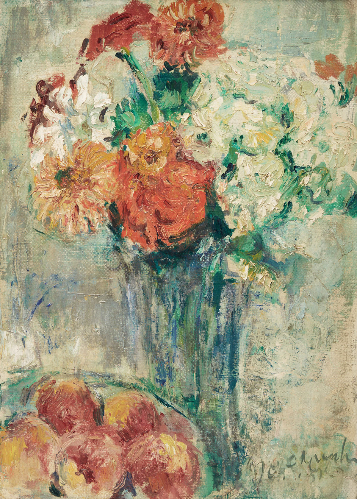 Joseph Oppenheimer, Floral Still Life with Apples, oil on canvas, 1951
