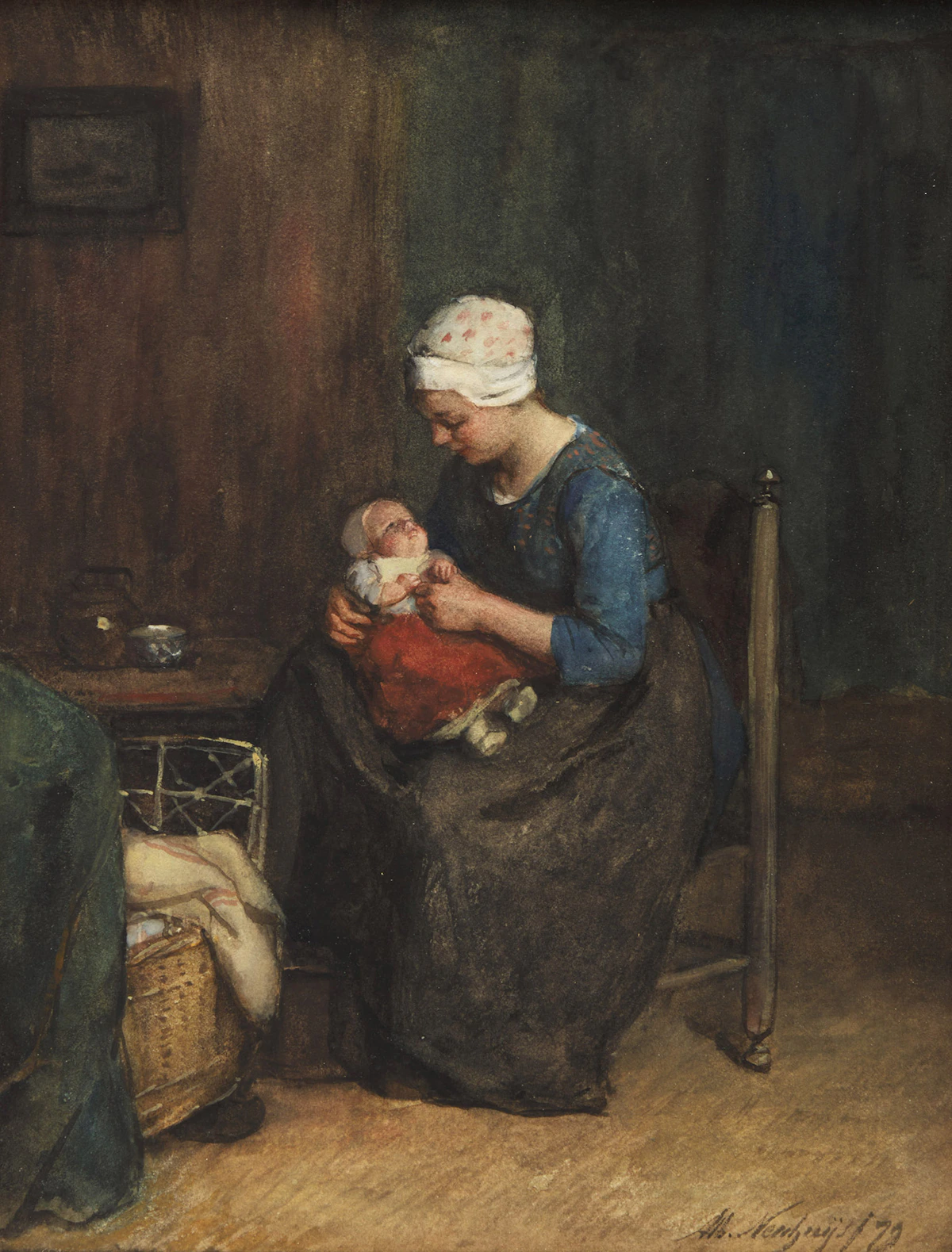 Albert Neuhuys, Mother and Baby, watercolour on paper laid onto board, 1879