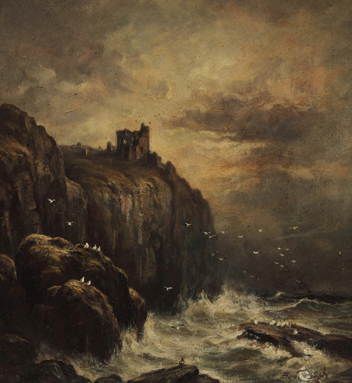 Samuel Bough, Shoreline with Crashing Waves, oil on board