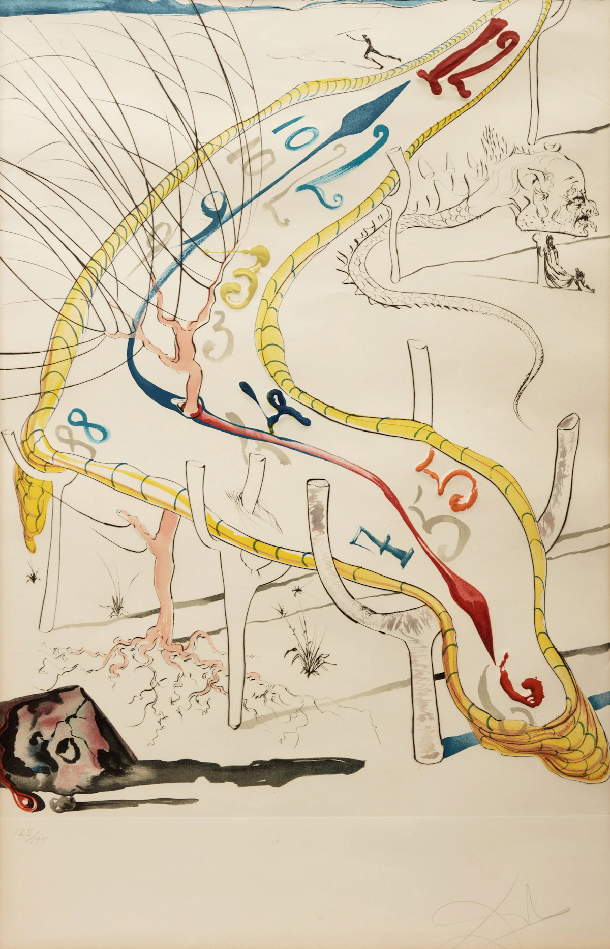 Salvador Dalí, Les montres gélatines de l'espace-temps (M & L 648a), drypoint with colour lithograph, 1974