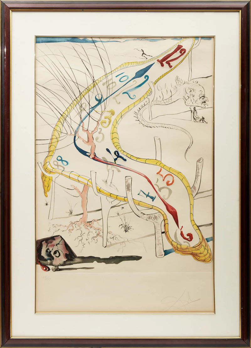 Salvador Dalí, Les montres gélatines de l'espace-temps (M & L 648a), drypoint with colour lithograph, 1974 - view 2