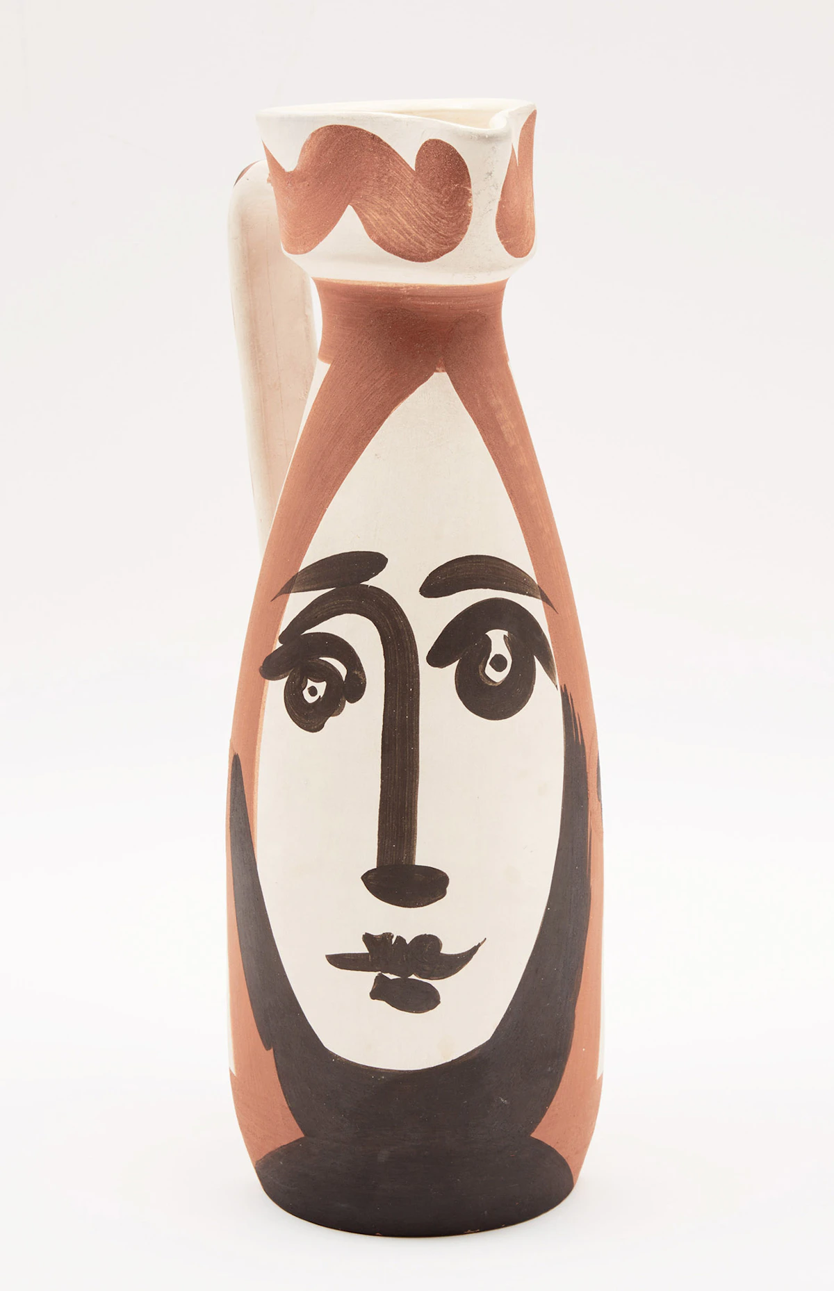 Pablo Picasso, Visage (A.R. 288), white earthenware ceramic pitcher with coloured engobe and glaze, 1955