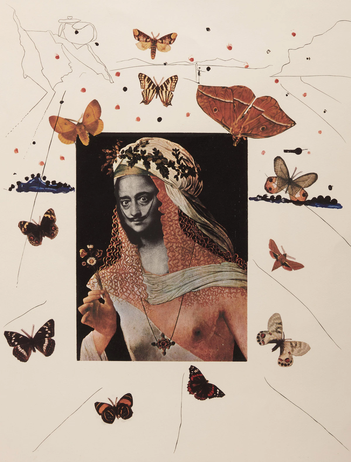 Salvador Dalí, Surrealist Portrait of Dalí Surrounded by Butterflies from Memories of Surrealism (F. 71-2G), colour lithograph with etching on arches paper, 1971