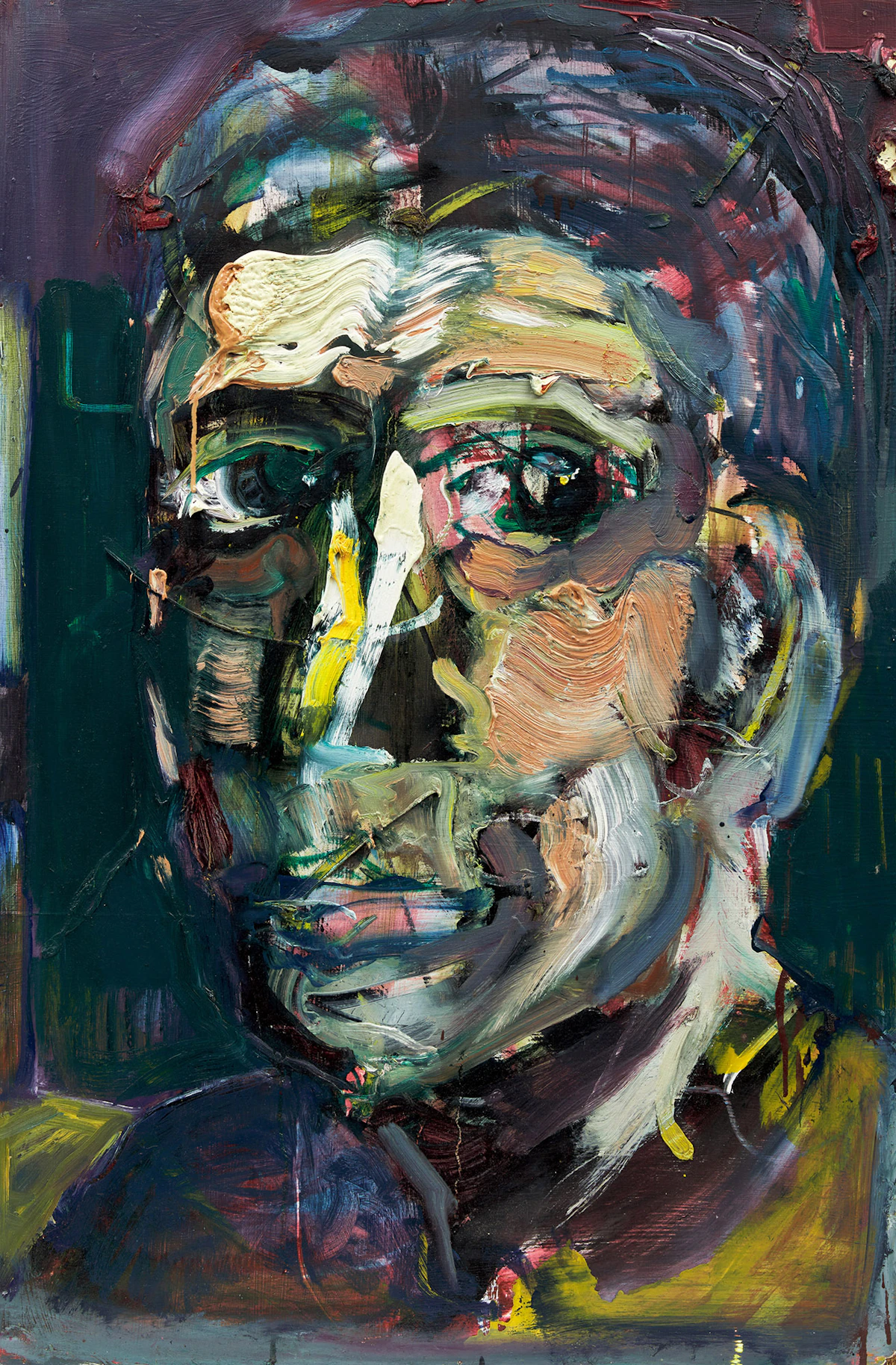 Philip Iverson, Man with Green Eyes, oil with mixed media on wood, 2002