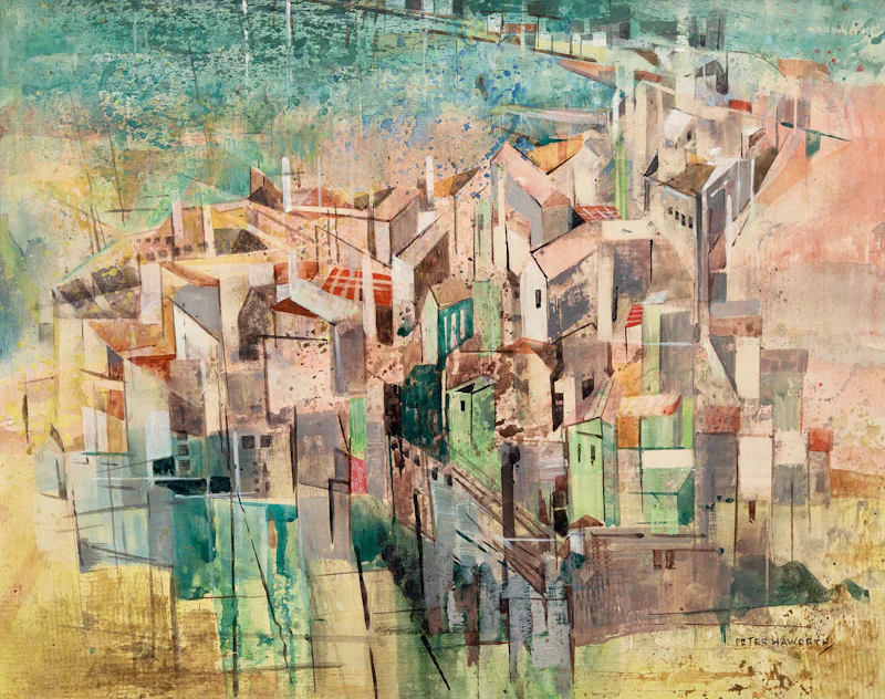 Peter Haworth, Portuguese Village, mixed media on board