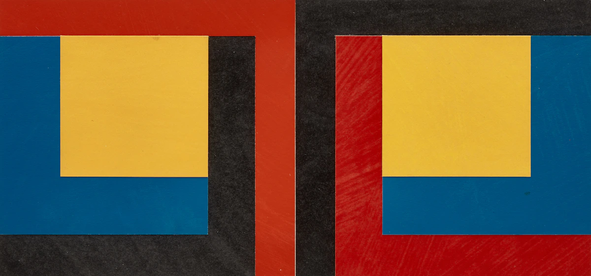 Jaan  Poldaas, Inverse Squares (Yellow on Blue), collage, 1991