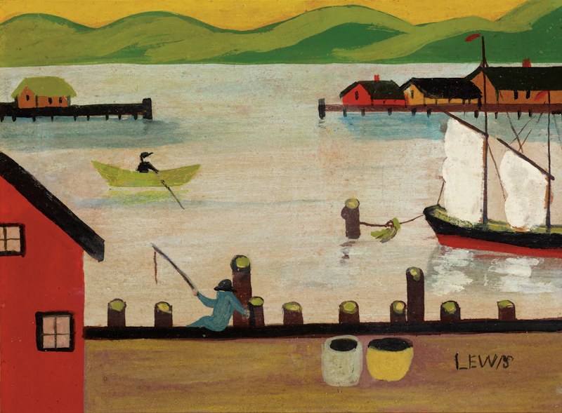 Maud Lewis, Two Fishermen, circa 1935-1940, mixed media on beaverboard