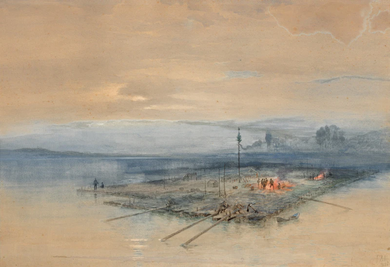 Frances Anne Hopkins, Lumber Raft on the Ottawa, 1886, watercolour
