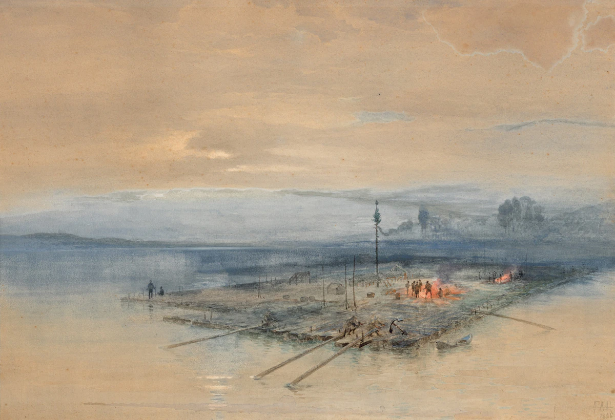Frances Anne Hopkins, Lumber Raft on the Ottawa, 1886, watercolour