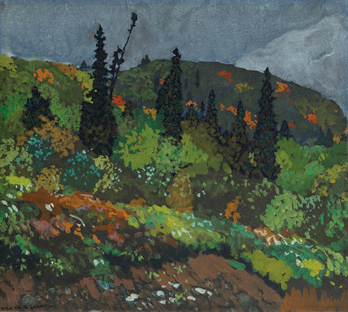 Frank Hans Johnston, Along the Line, Algoma, 1918, oil on paper laid down on board, circa 1919