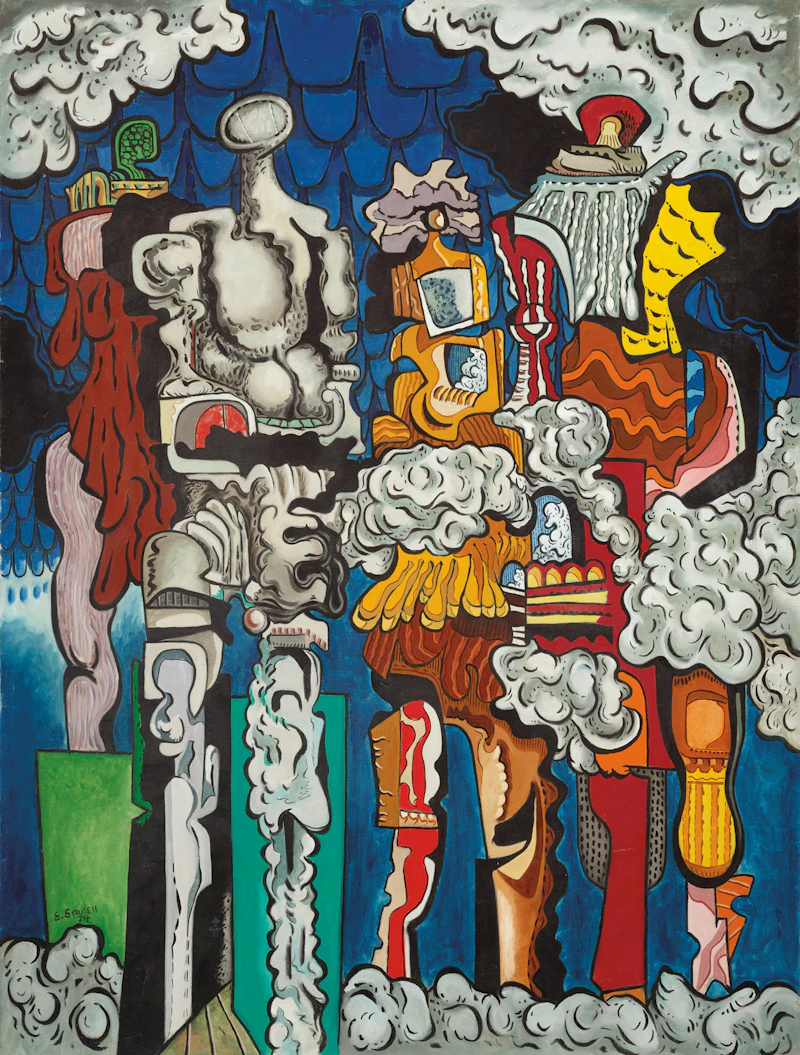 Eugenio Fernández Granell, Characters Coming Out of the Clouds, 1974, oil on canvas