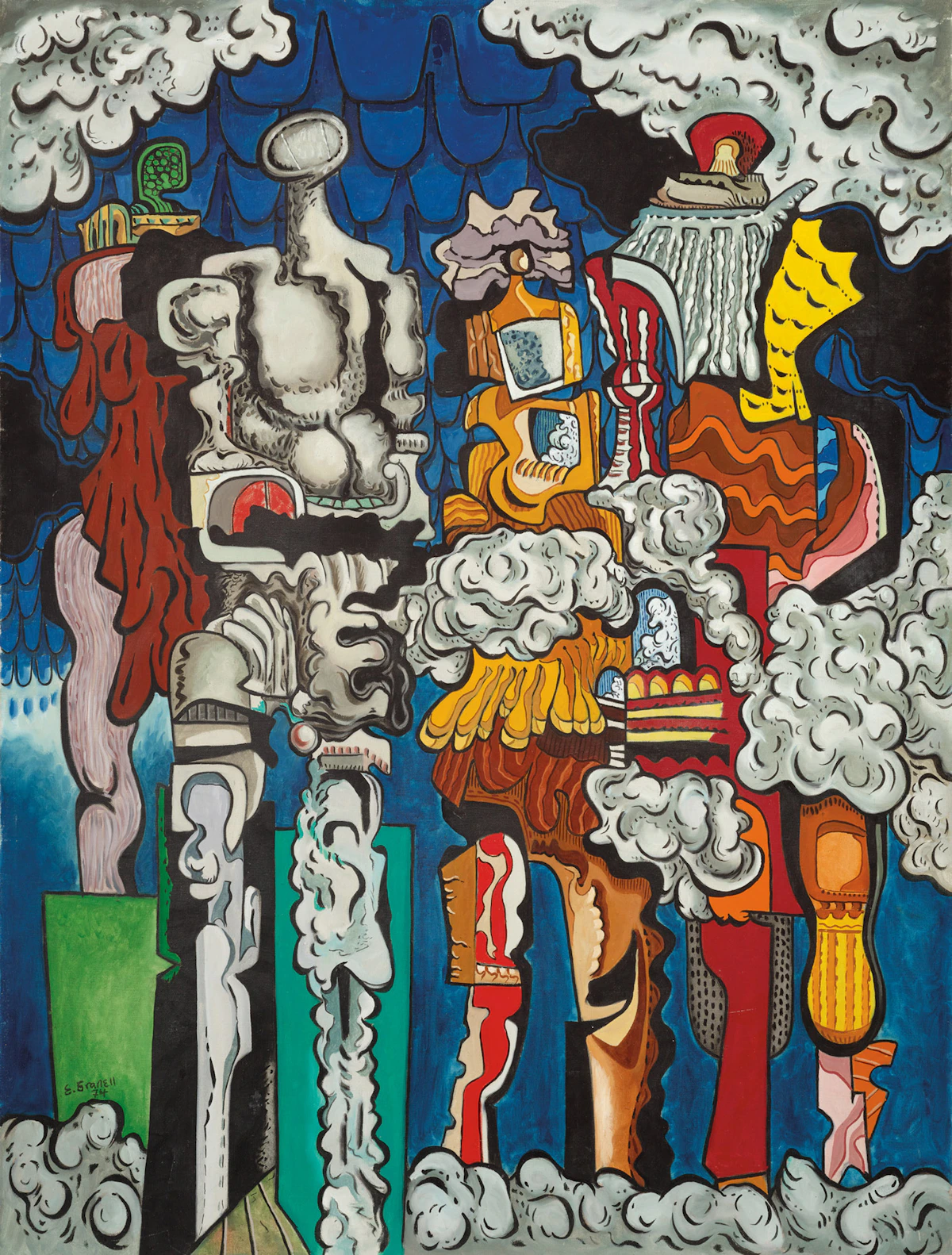 Eugenio Fernández Granell, Characters Coming Out of the Clouds, 1974, oil on canvas