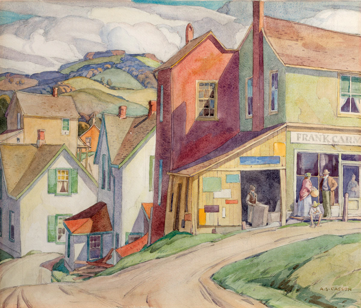 Alfred Joseph Casson, The Village Store, Bradford, circa 1928, watercolour
