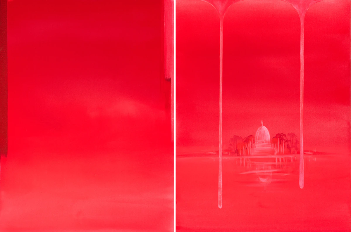 Wanda Koop, Standing Withstanding (Infrared-Still); Standing Withstanding (Infrared-Capital), 2017, two acrylics on canvas (diptych)