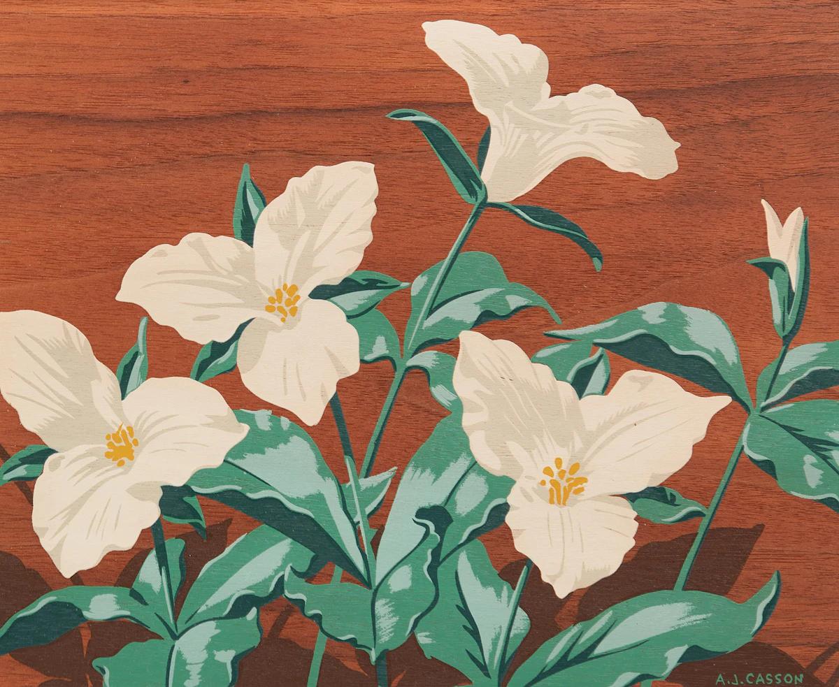 Alfred Joseph Casson, Ladyslipper Orchids; Marsh Marigolds; Round Lobed Hepatica; Trilliums; Early Wild Rose; Snowberries, six silkscreens on wood veneer