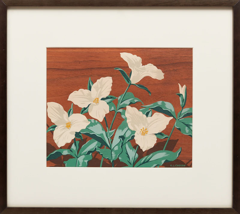 Alfred Joseph Casson, Ladyslipper Orchids; Marsh Marigolds; Round Lobed Hepatica; Trilliums; Early Wild Rose; Snowberries, six silkscreens on wood veneer - view 2