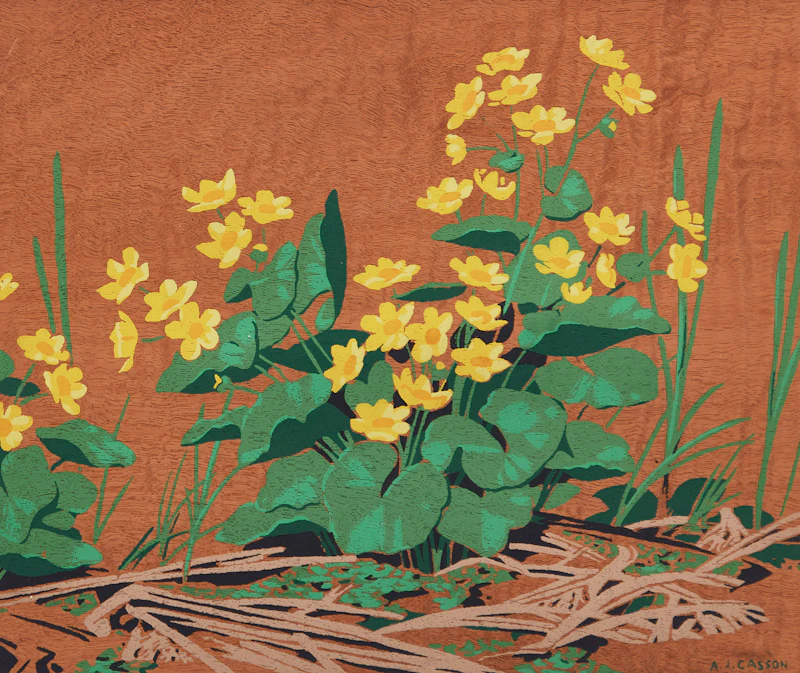 Alfred Joseph Casson, Ladyslipper Orchids; Marsh Marigolds; Round Lobed Hepatica; Trilliums; Early Wild Rose; Snowberries, six silkscreens on wood veneer - view 4