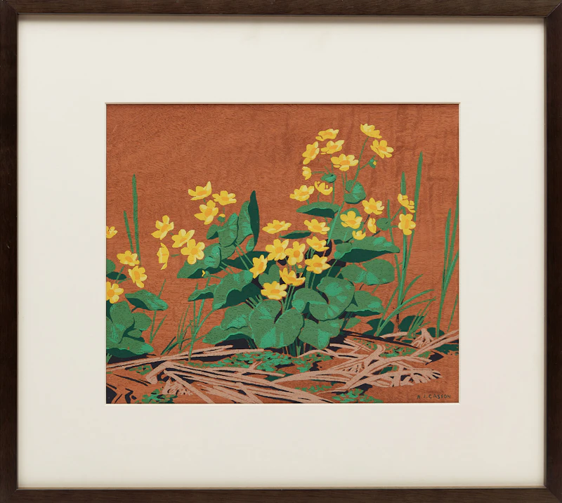 Alfred Joseph Casson, Ladyslipper Orchids; Marsh Marigolds; Round Lobed Hepatica; Trilliums; Early Wild Rose; Snowberries, six silkscreens on wood veneer - view 5