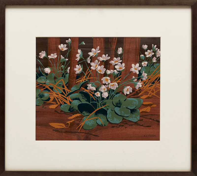 Alfred Joseph Casson, Ladyslipper Orchids; Marsh Marigolds; Round Lobed Hepatica; Trilliums; Early Wild Rose; Snowberries, six silkscreens on wood veneer - view 8