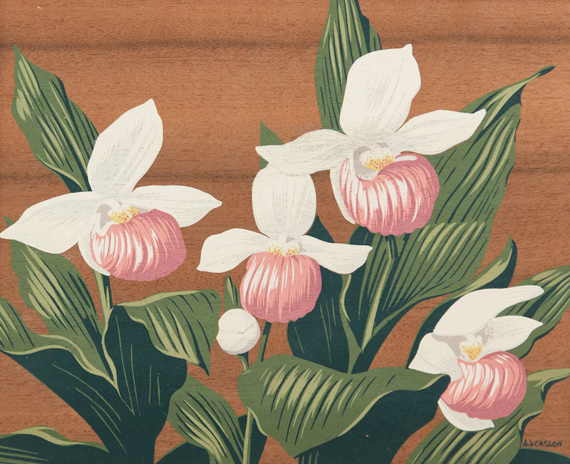 Alfred Joseph Casson, Ladyslipper Orchids; Marsh Marigolds; Round Lobed Hepatica; Trilliums; Early Wild Rose; Snowberries, six silkscreens on wood veneer - view 13
