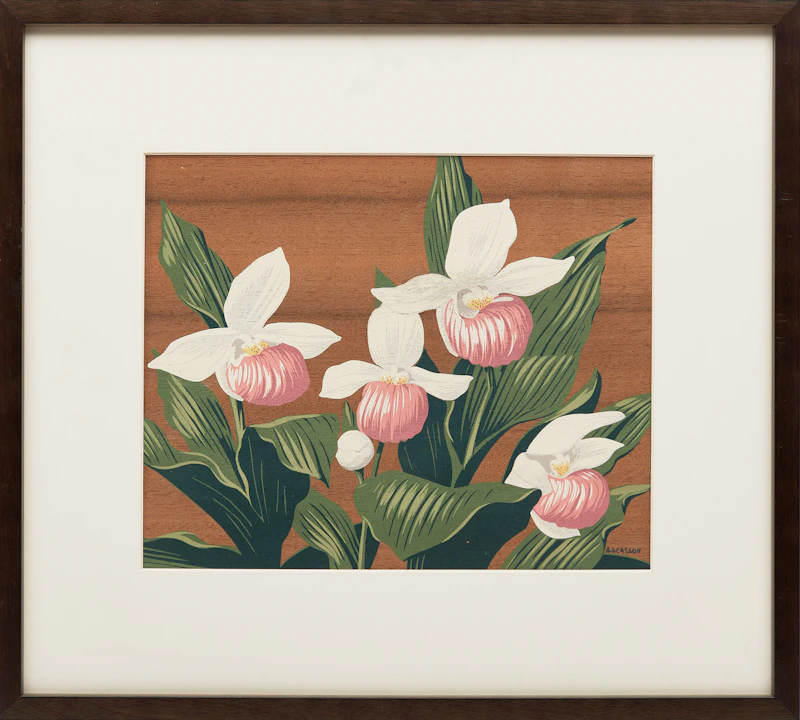 Alfred Joseph Casson, Ladyslipper Orchids; Marsh Marigolds; Round Lobed Hepatica; Trilliums; Early Wild Rose; Snowberries, six silkscreens on wood veneer - view 14